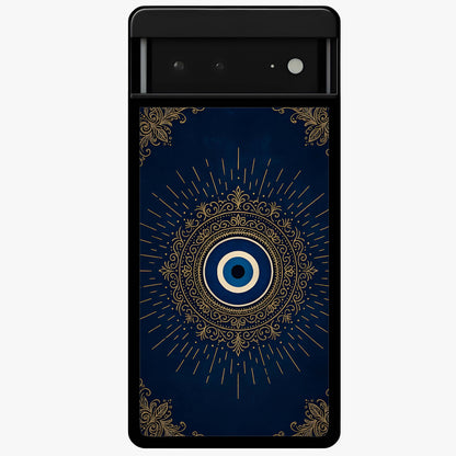 Golden Evil Eye Mandala Glass Case showing flat back view with intricate evil eye mandala artwork and glossy glass finish.