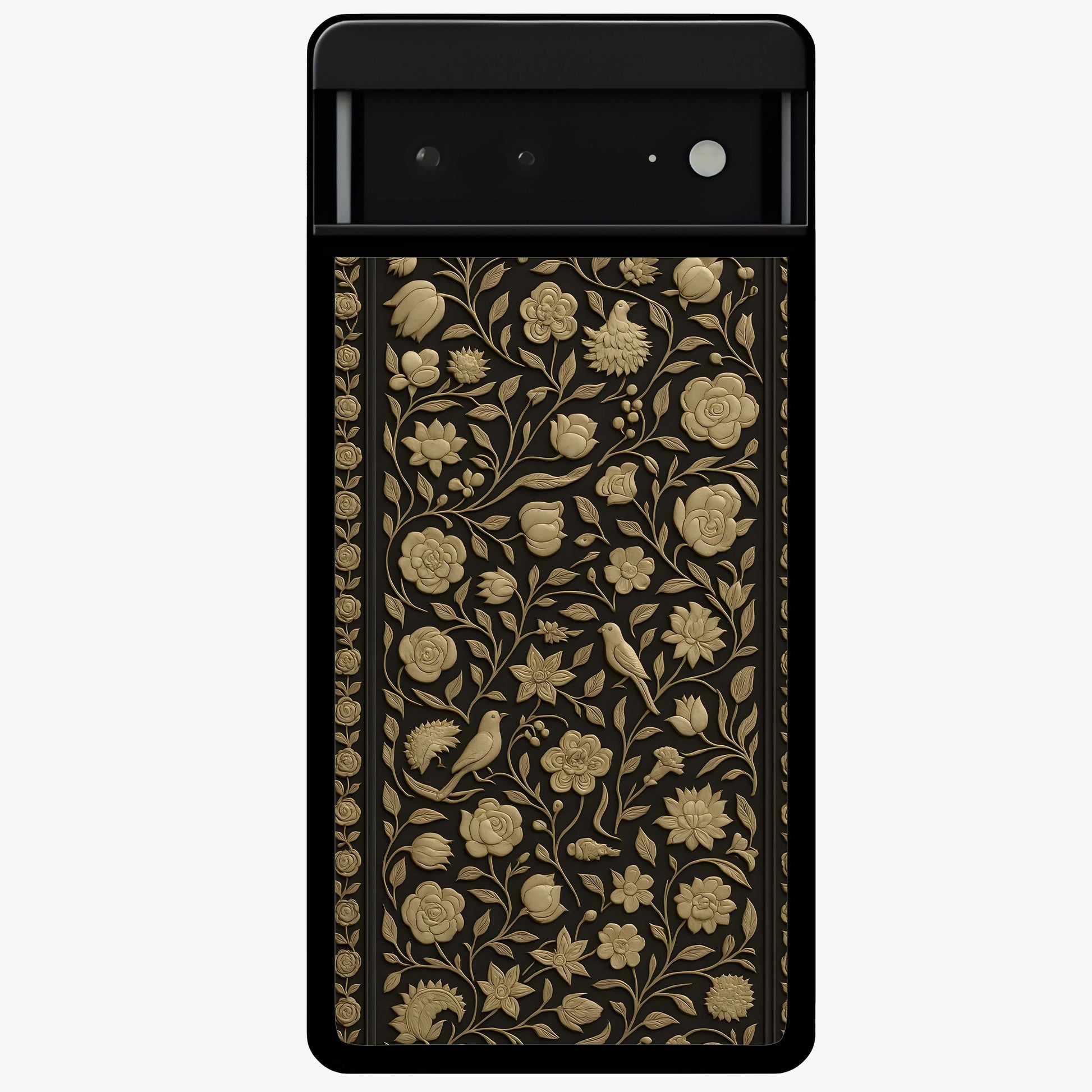 Golden Floral Majesty Glass Case showing flat back view with luxurious golden floral artwork and glossy glass finish.
