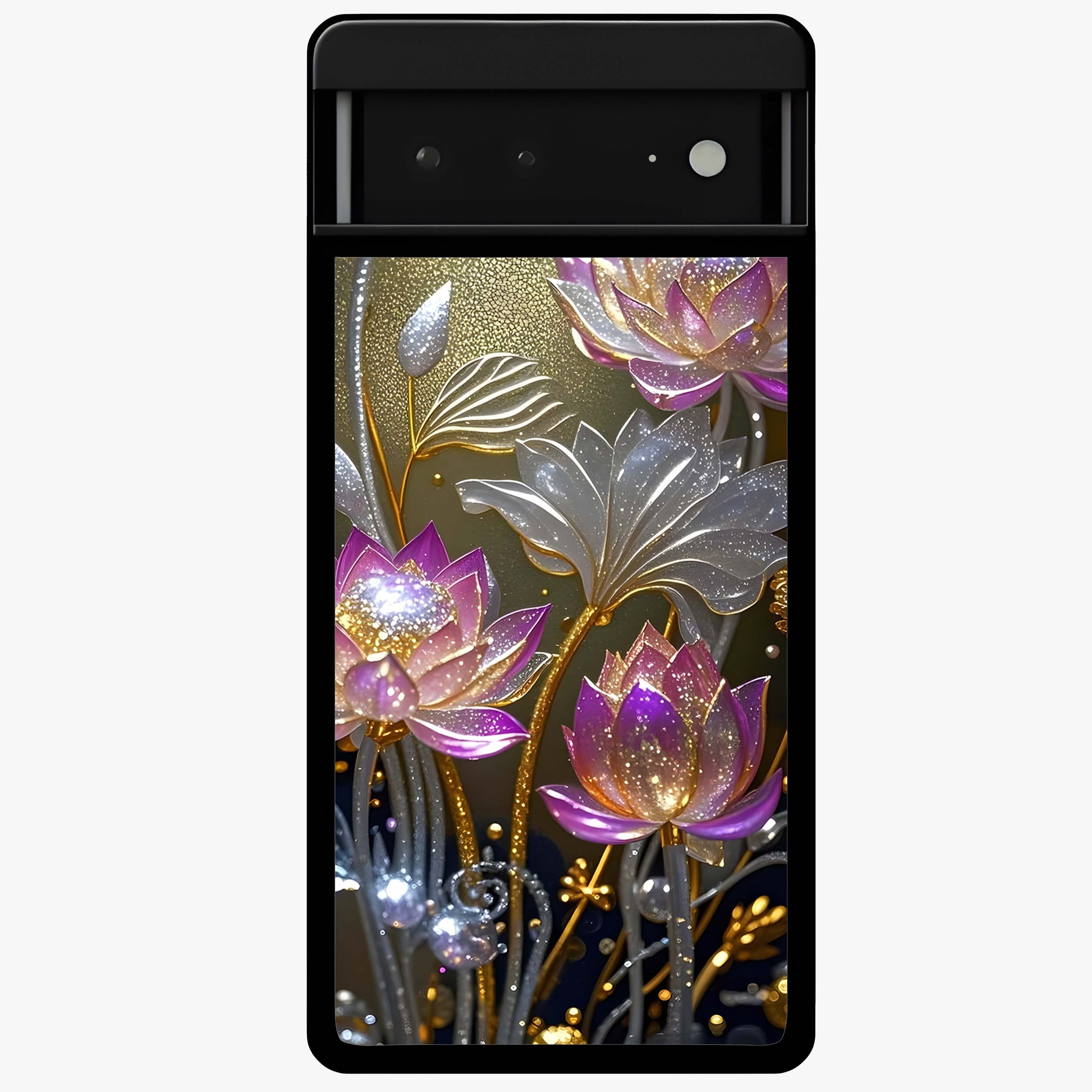 Golden Lotus Glow Glass Case showing flat back view with glowing lotus flower artwork and glossy glass finish.