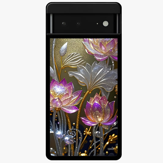 Golden Lotus Glow Glass Case showing flat back view with glowing lotus flower artwork and glossy glass finish.
