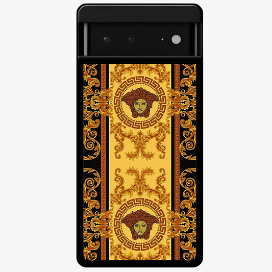 Golden Royal Heritage Glass Case showing flat back view with ornate royal pattern artwork and glossy glass finish.
