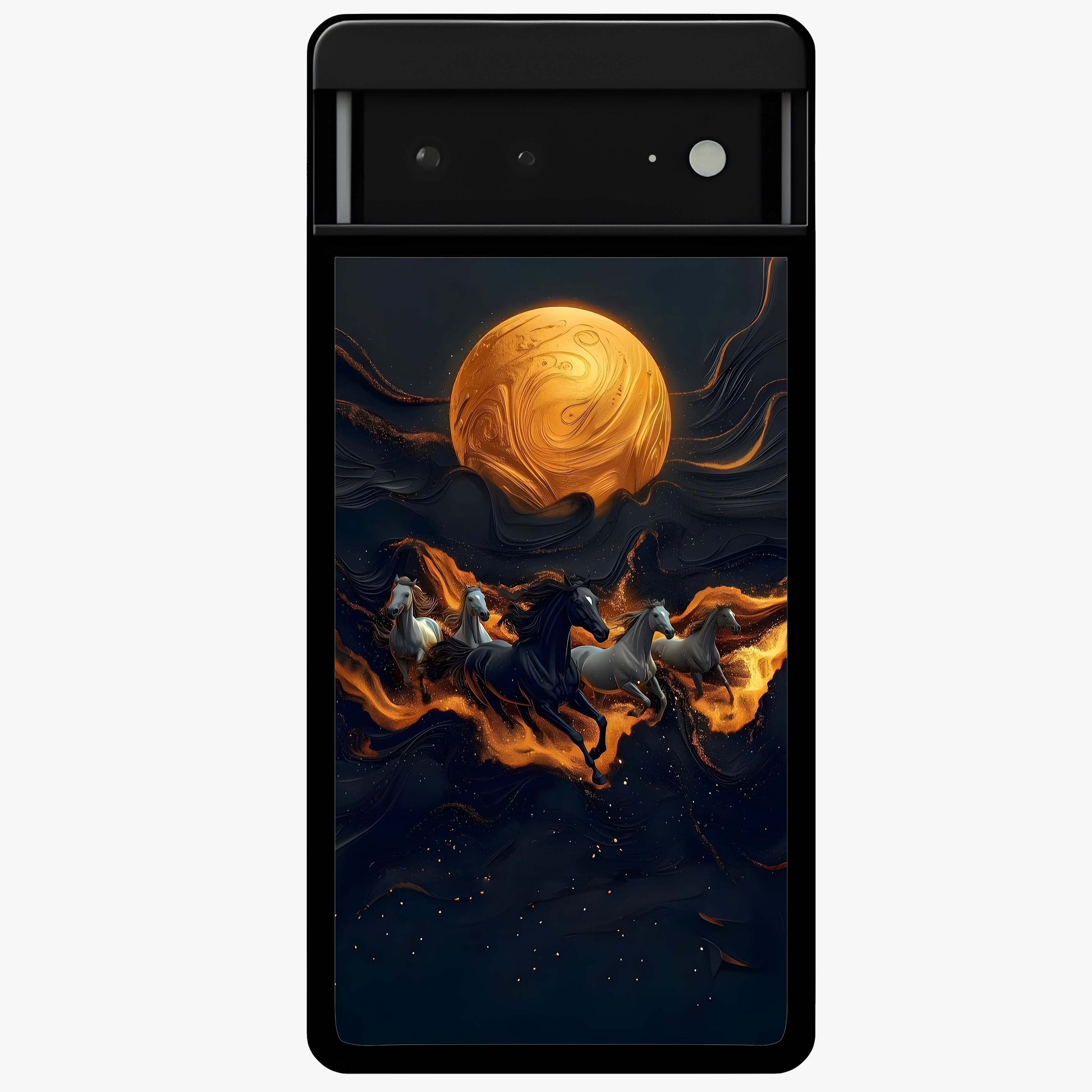 Golden Stallion Moonride Glass Case showing flat back view with majestic horse under moonlight artwork and glossy glass finish.