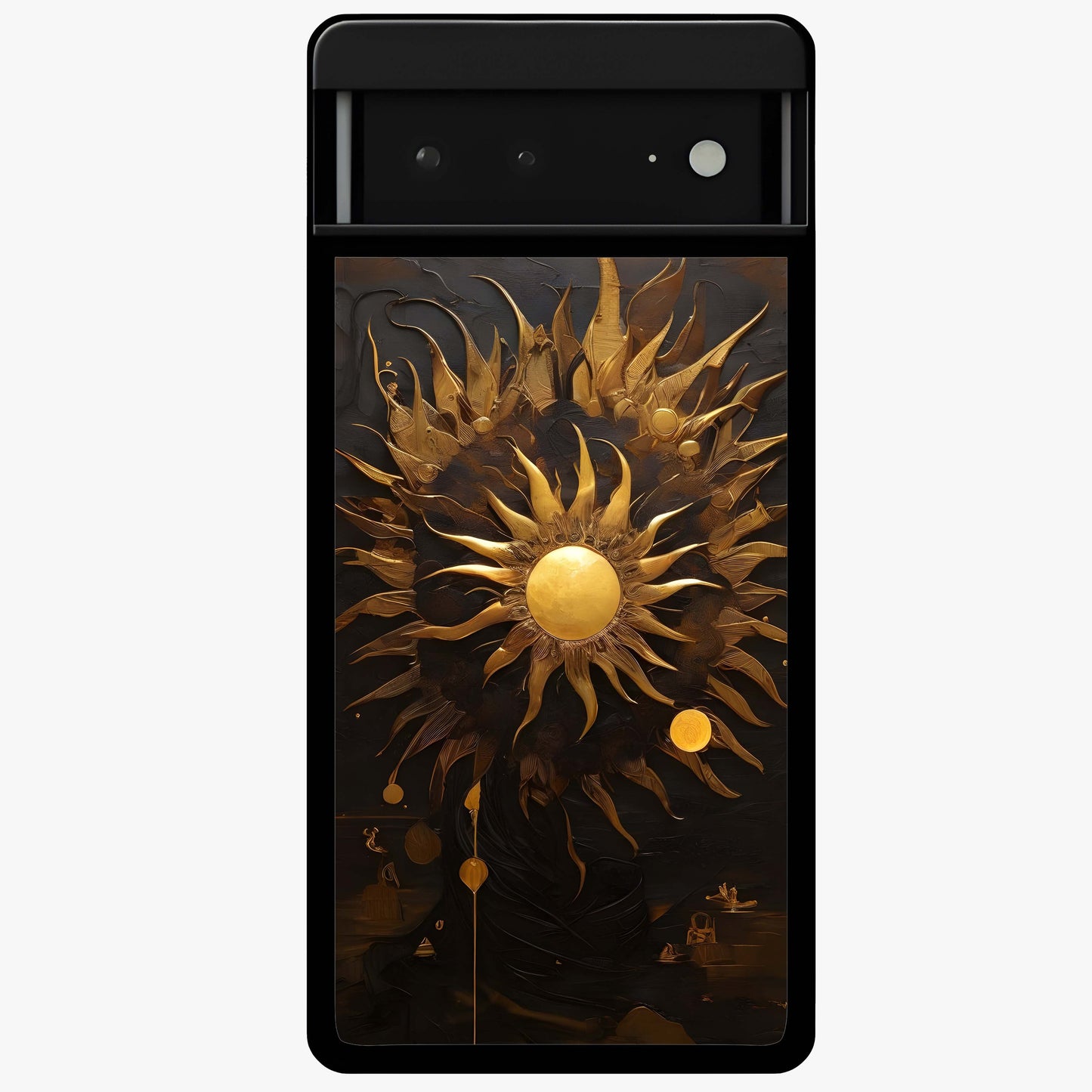 Golden Sun Majesty Glass Case showing flat back view with radiant golden sun artwork and glossy glass finish.