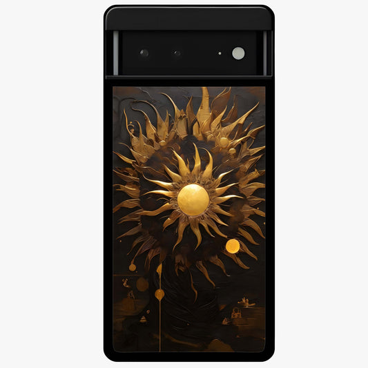 Golden Sun Majesty Glass Case showing flat back view with radiant golden sun artwork and glossy glass finish.