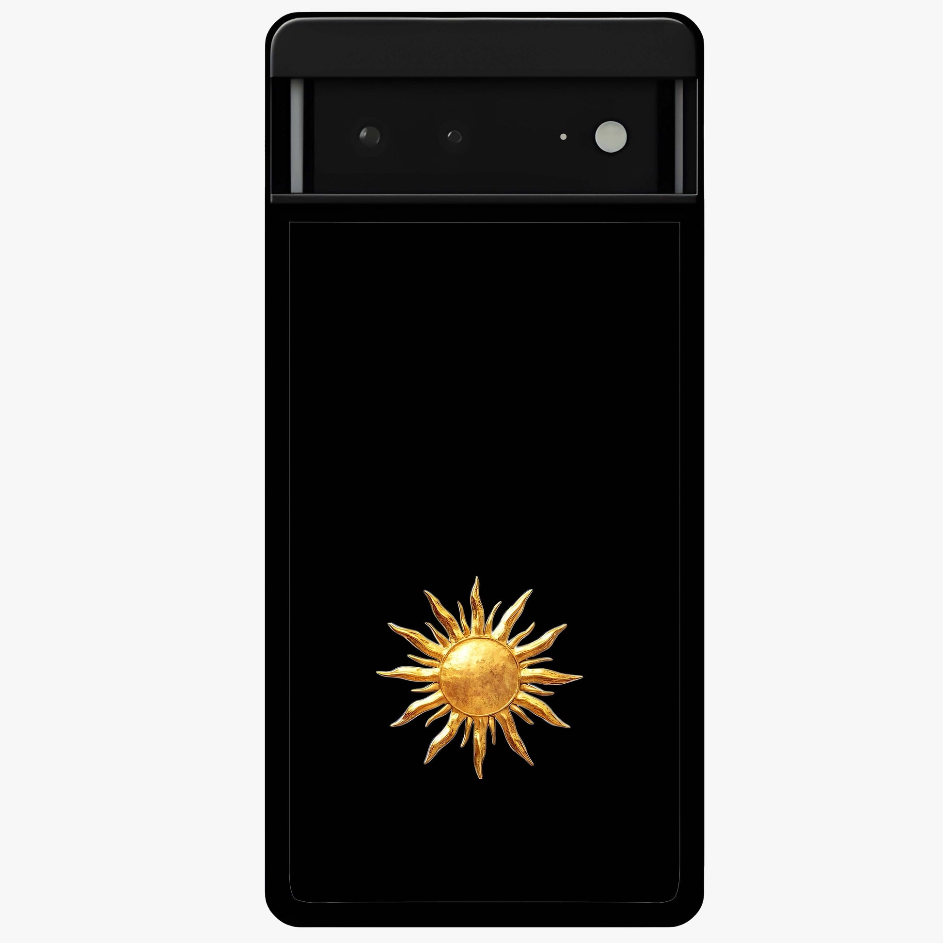 Golden Sun Minimalism Glass Case showing flat back view with minimal golden sun artwork and glossy glass finish.