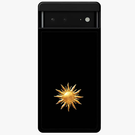 Golden Sun Minimalism Glass Case showing flat back view with minimal golden sun artwork and glossy glass finish.