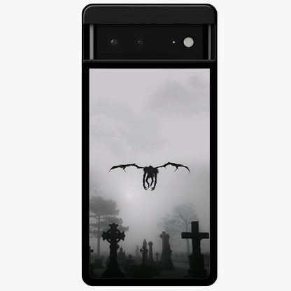 Graveyard Shadow Descent Glass Case showing flat back view with dark graveyard themed artwork and glossy glass finish.