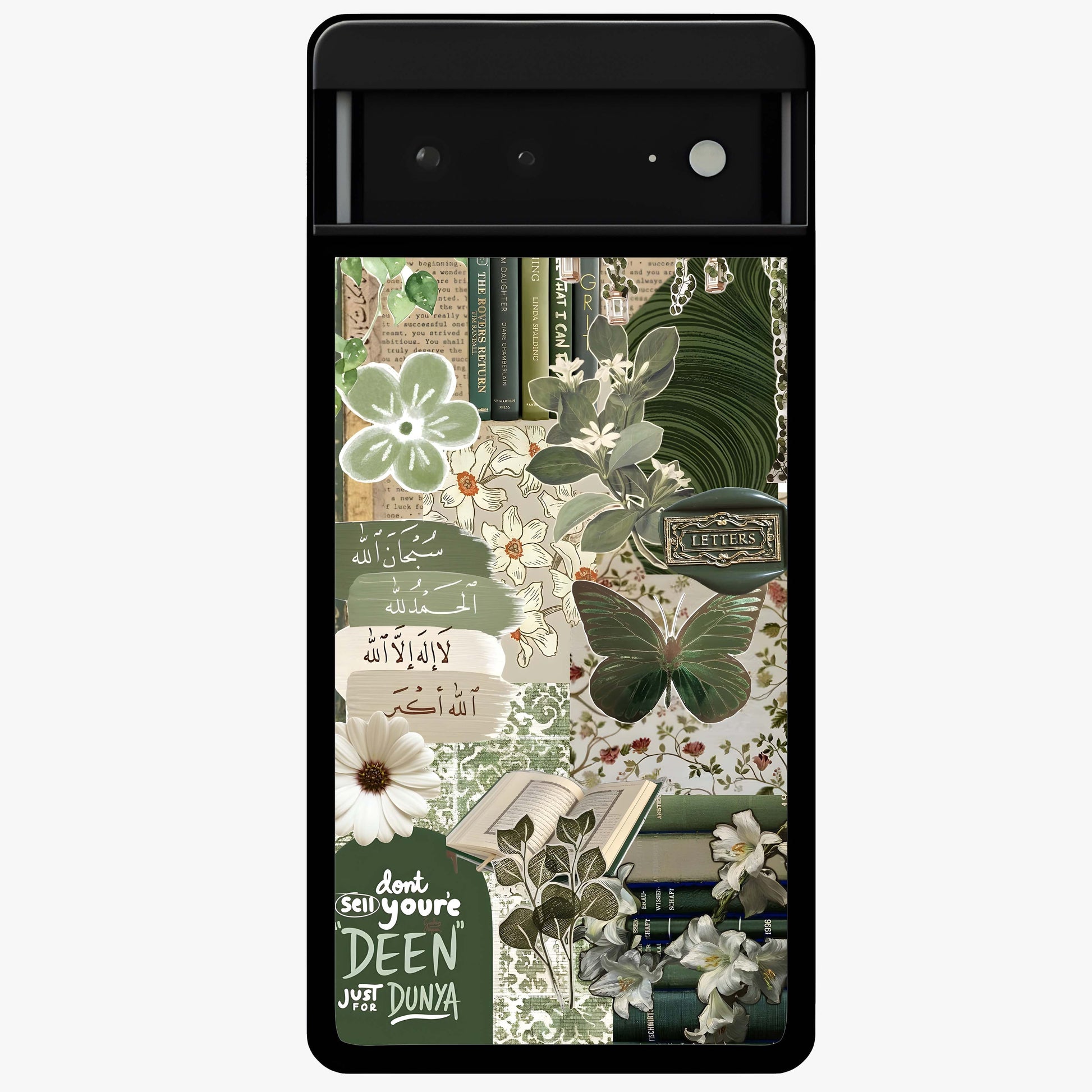 Green Islamic Books Quotes Glass Case showing flat back view with Islamic quotes and book themed artwork and glossy glass finish.