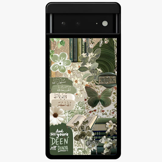 Green Islamic Books Quotes Glass Case showing flat back view with Islamic quotes and book themed artwork and glossy glass finish.