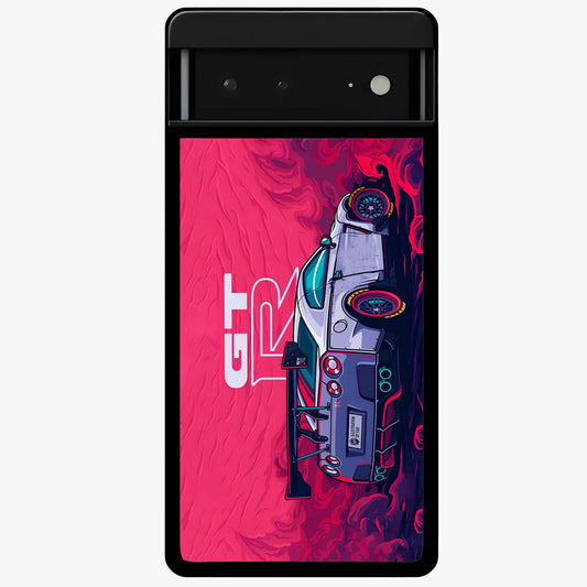 GT-R Car Pattern Glass Case showing flat back view with sporty car inspired pattern artwork and glossy glass finish.