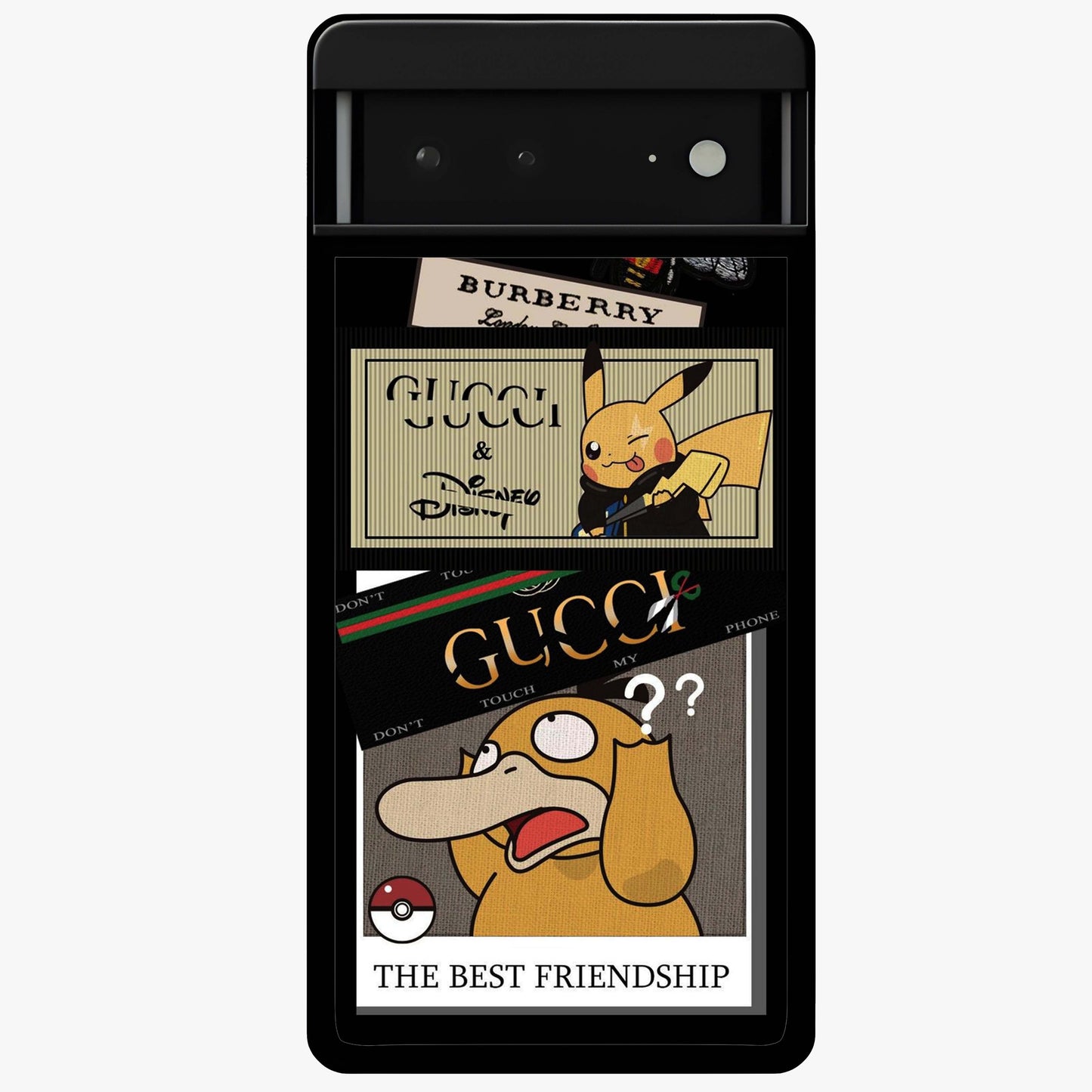 Gucci Play Mashup Glass Case showing flat back view with luxury inspired graphic artwork and glossy glass finish.