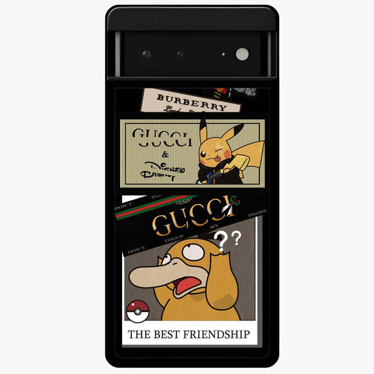 Gucci Play Mashup Glass Case showing flat back view with luxury inspired graphic artwork and glossy glass finish.
