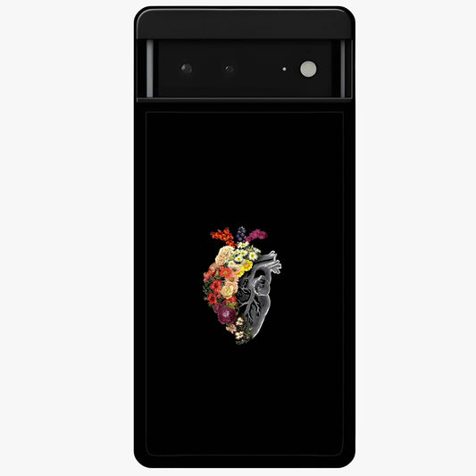 Heart With Flowers Glass Case showing flat back view with heart shaped floral artwork and glossy glass finish.
