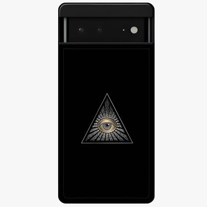 Illuminati Evil Glass Case showing flat back view with mysterious illuminati symbol artwork and glossy glass finish.