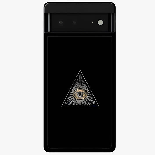 Illuminati Evil Glass Case showing flat back view with mysterious illuminati symbol artwork and glossy glass finish.