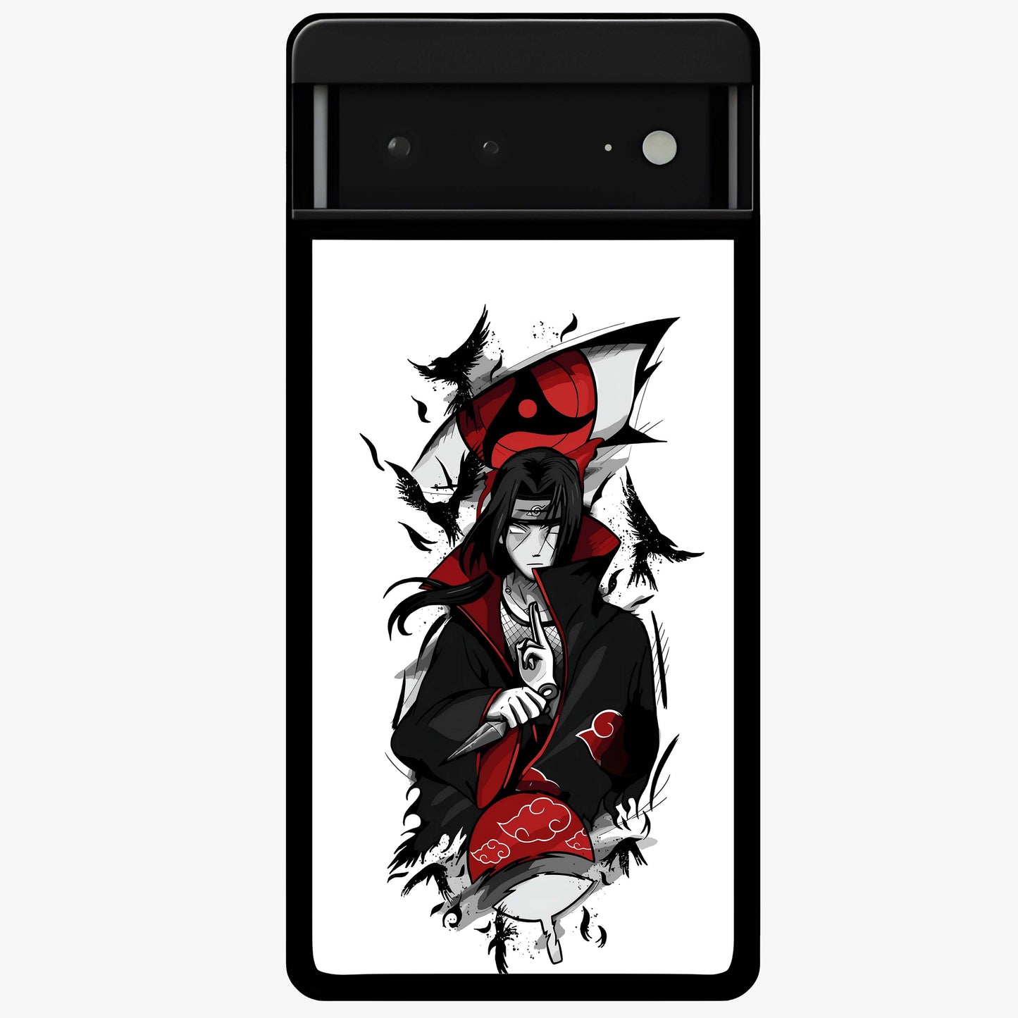 Itachi Sharingan Glass Case showing flat back view with powerful anime eye artwork and glossy glass finish.