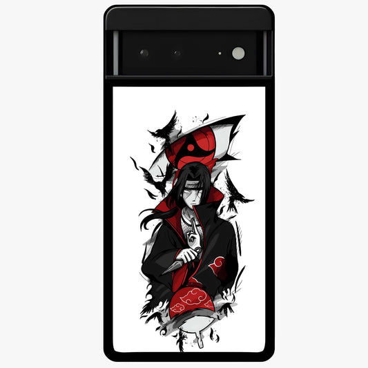 Itachi Sharingan Glass Case showing flat back view with powerful anime eye artwork and glossy glass finish.