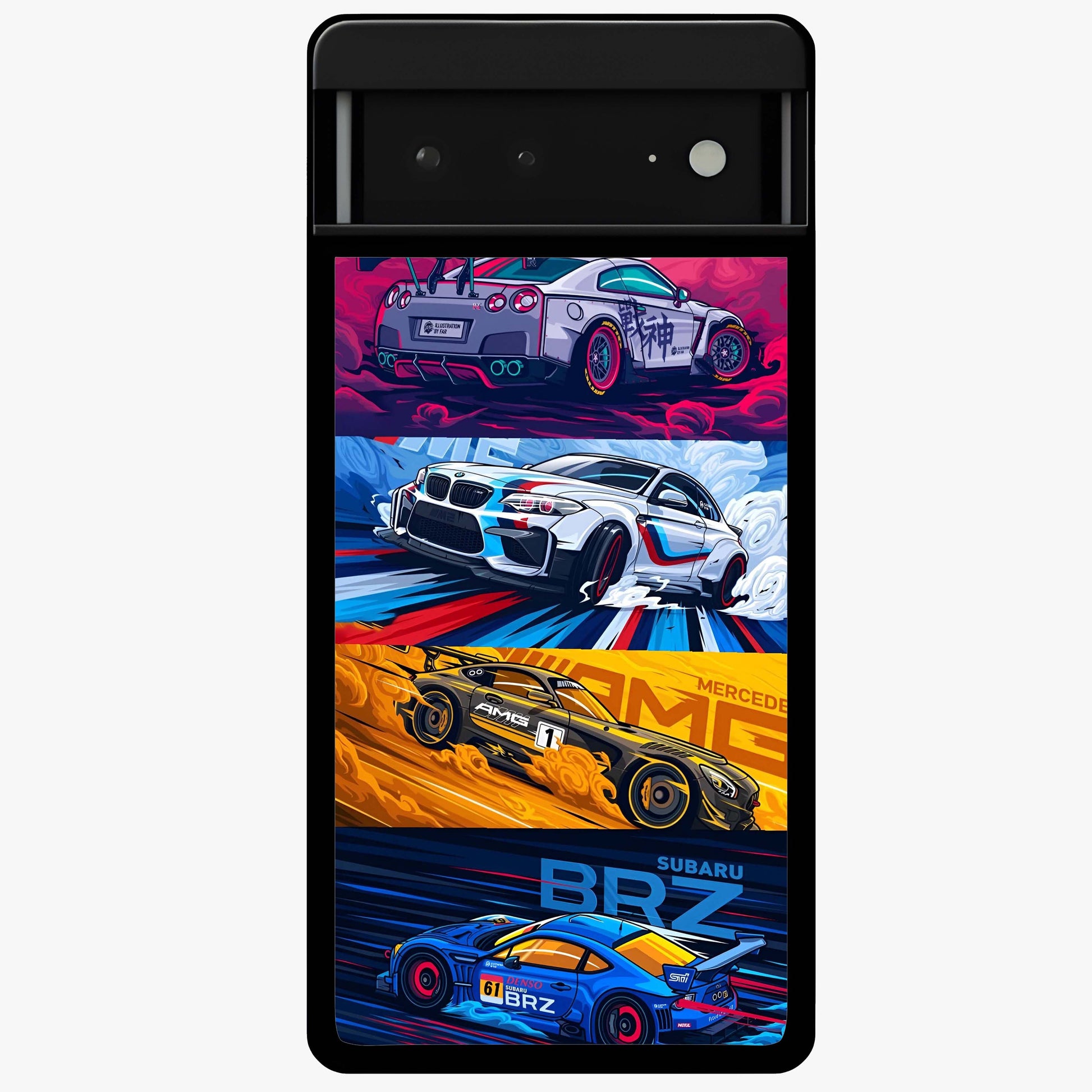 JDM Sports Car Glass Case showing flat back view with high performance sports car artwork and glossy glass finish.