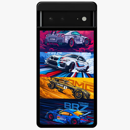 JDM Sports Car Glass Case showing flat back view with high performance sports car artwork and glossy glass finish.