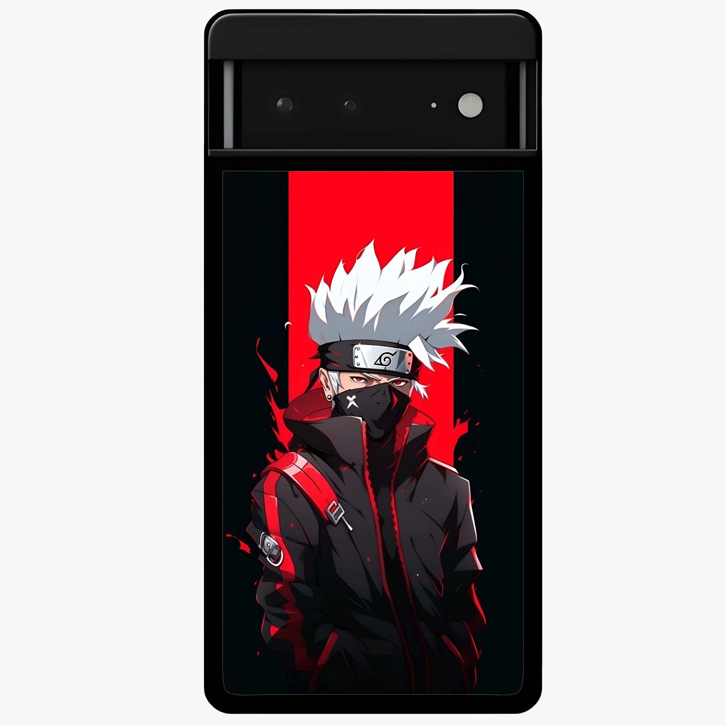 Kakashi Scarlet Shadow Glass Case showing flat back view with powerful anime ninja artwork and glossy glass finish.