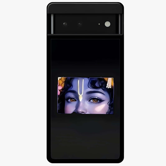 Krishna Divine Embrace Glass Case showing flat back view with Lord Krishna devotional artwork and glossy glass finish.