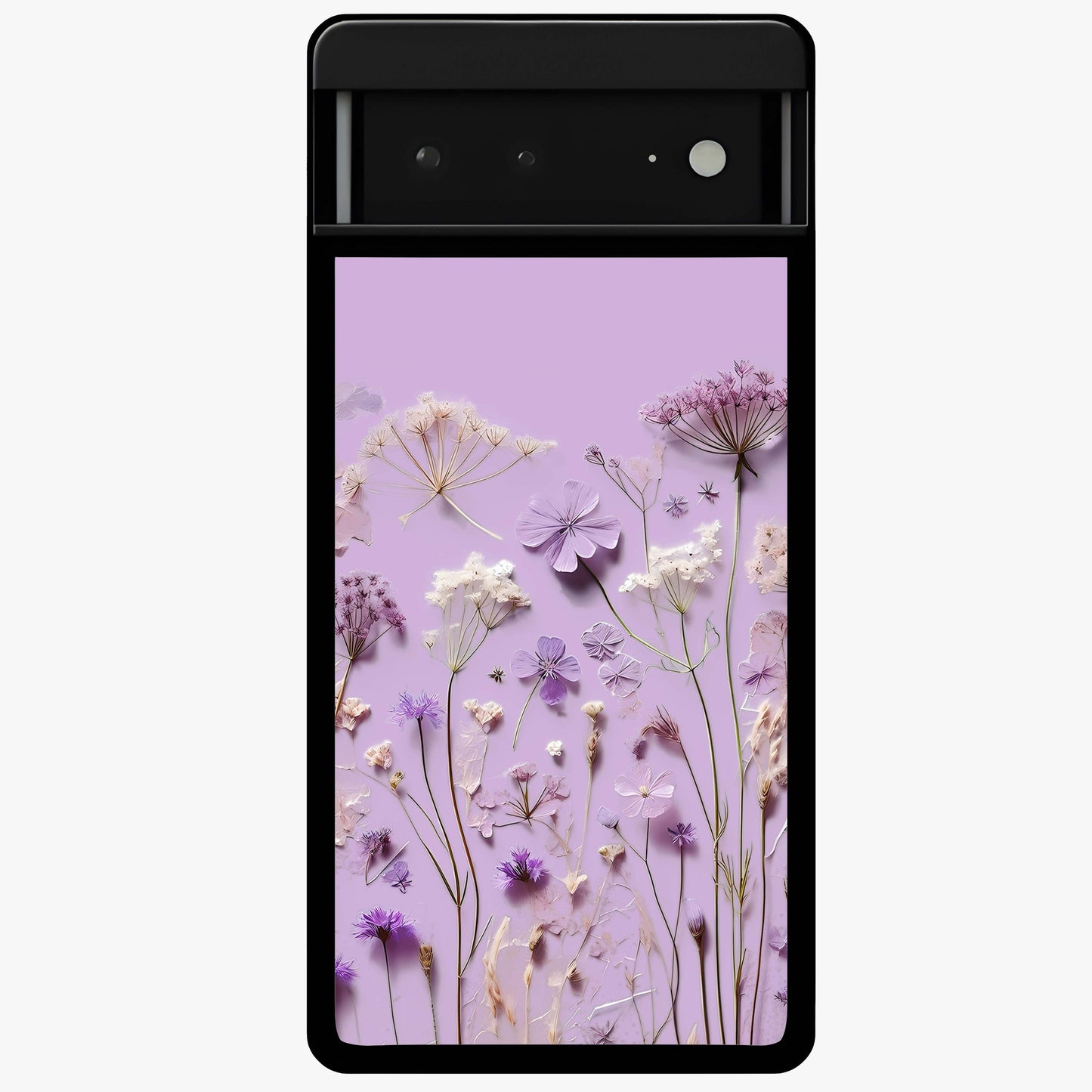 Lavender Blossom Dream Glass Case showing flat back view with soft lavender floral artwork and glossy glass finish.