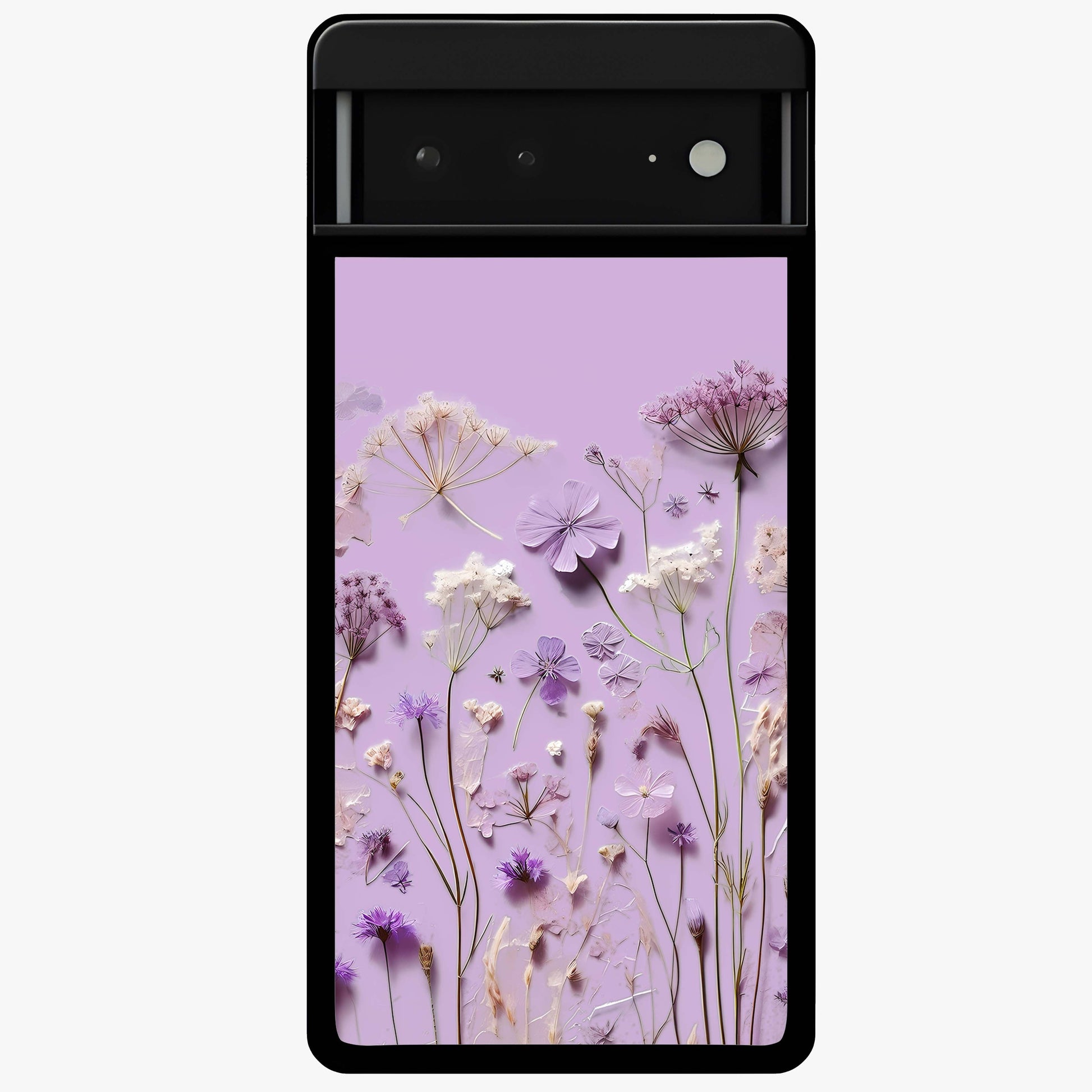 Lavender Blossom Dream Glass Case showing flat back view with soft lavender floral artwork and glossy glass finish.