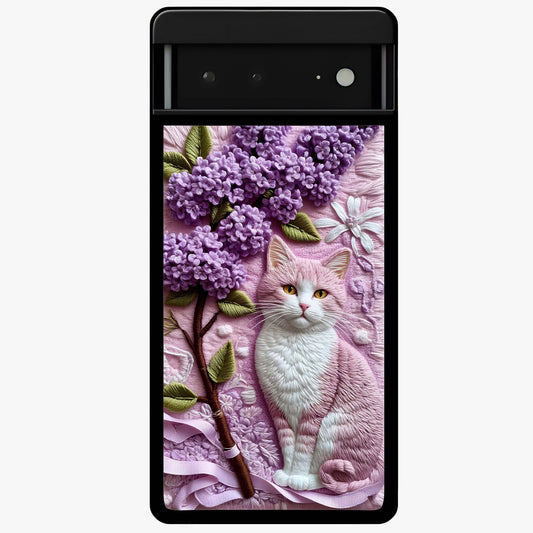 Lavender Cat Whimsy Glass Case showing flat back view with cute lavender cat artwork and glossy glass finish.