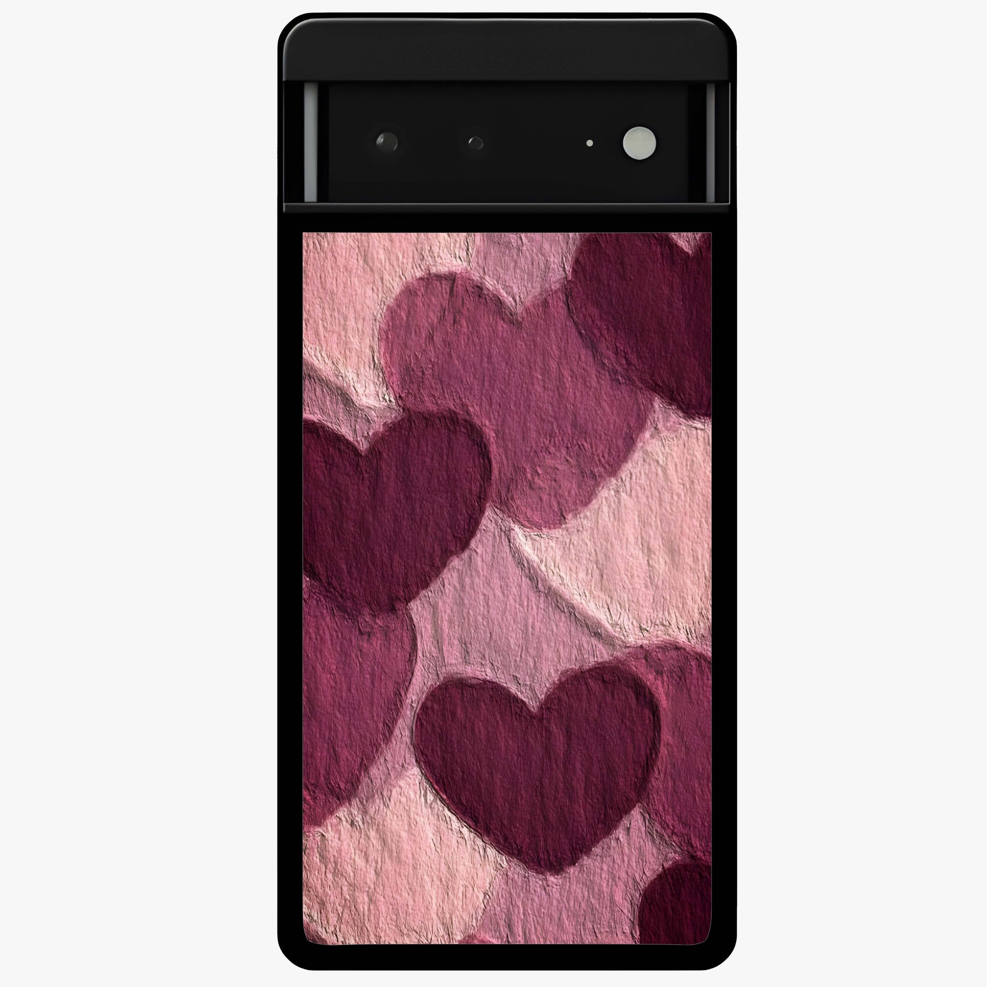 Layered Paper Hearts Glass Case showing flat back view with layered paper heart artwork and glossy glass finish.