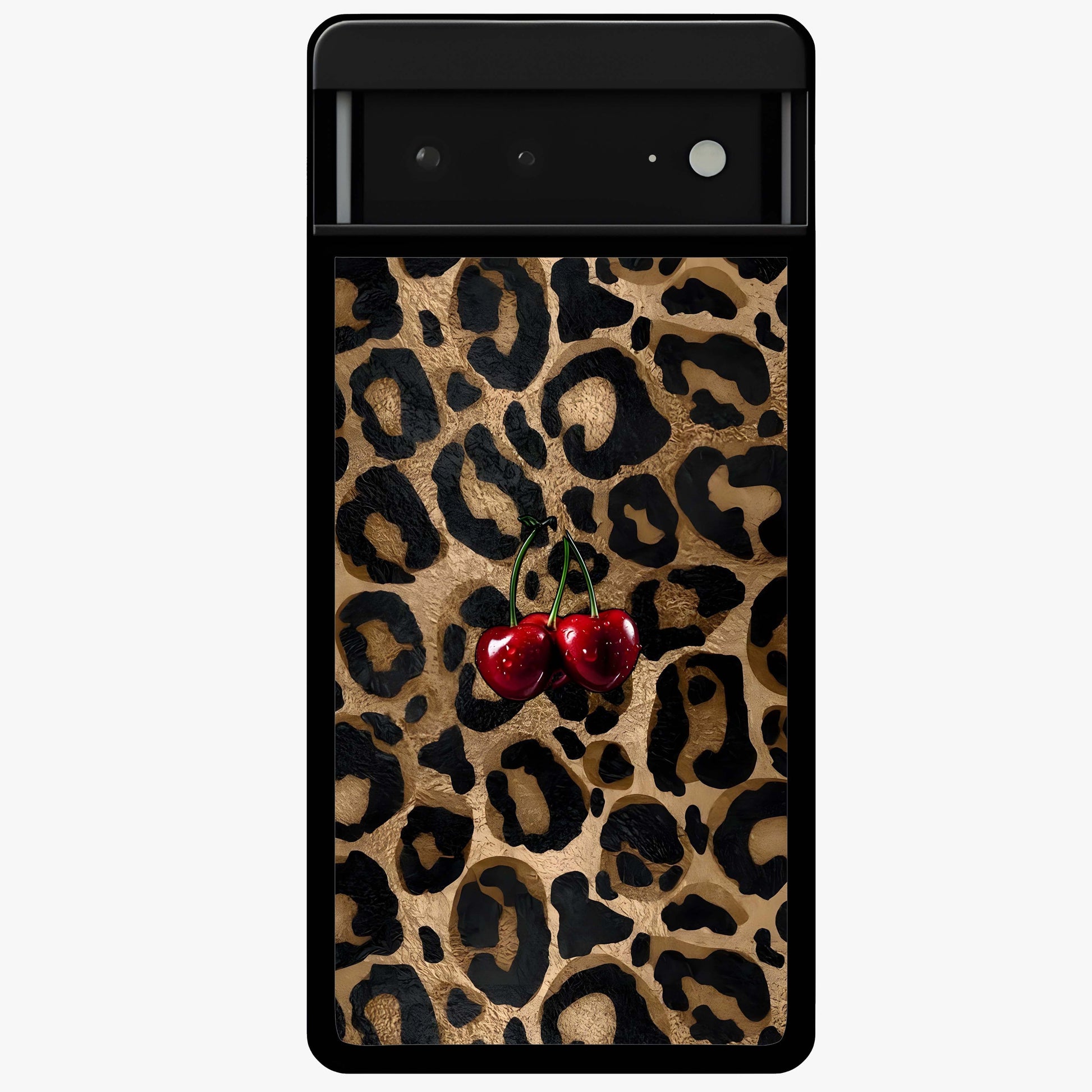 Leopard Wild Cherry Glass Case showing flat back view with leopard pattern and cherry artwork and glossy glass finish.