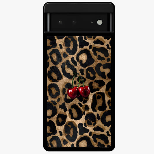 Leopard Wild Cherry Glass Case showing flat back view with leopard pattern and cherry artwork and glossy glass finish.