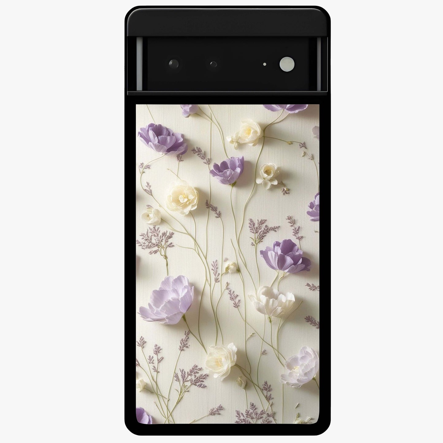 Lilac Breeze Harmony Glass Case showing flat back view with soft lilac themed artwork and glossy glass finish.