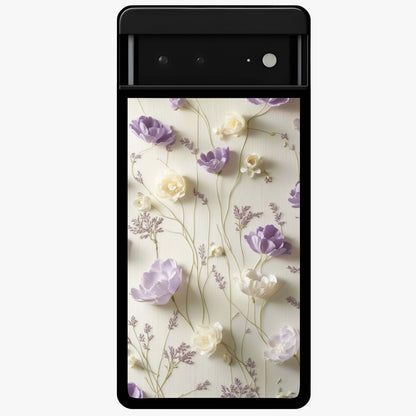 Lilac Breeze Harmony Glass Case showing flat back view with soft lilac themed artwork and glossy glass finish.