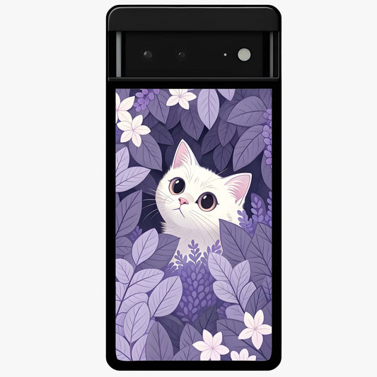 Lilac Hide Peek Cat Glass Case showing flat back view with cute peeking cat artwork and glossy glass finish.