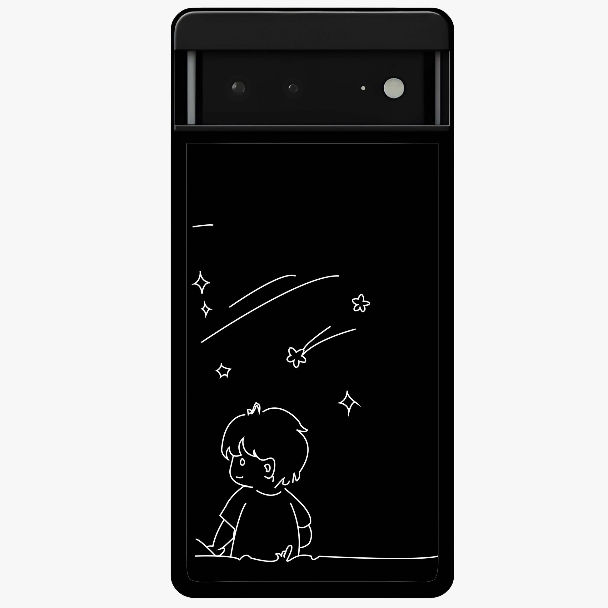 Line Art Boy With Shooting Stars Glass Case showing flat back view with minimal line art boy and shooting stars illustration and glossy glass finish.