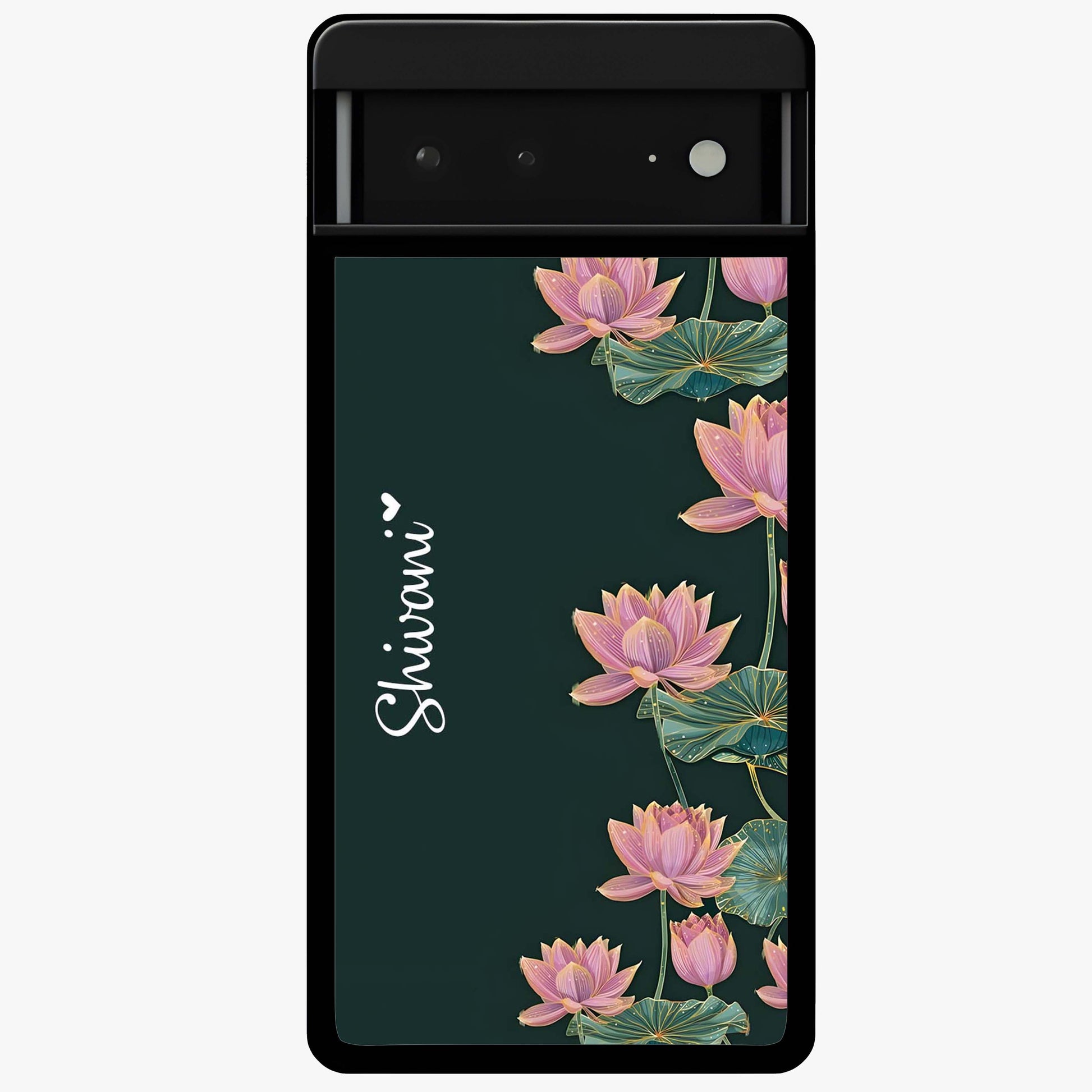 Lotus Bloom Serenity Custom Name Glass Case showing flat back view with elegant lotus flower artwork and personalized name design.