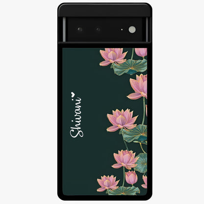 Lotus Bloom Serenity Custom Name Glass Case showing flat back view with elegant lotus flower artwork and personalized name design.
