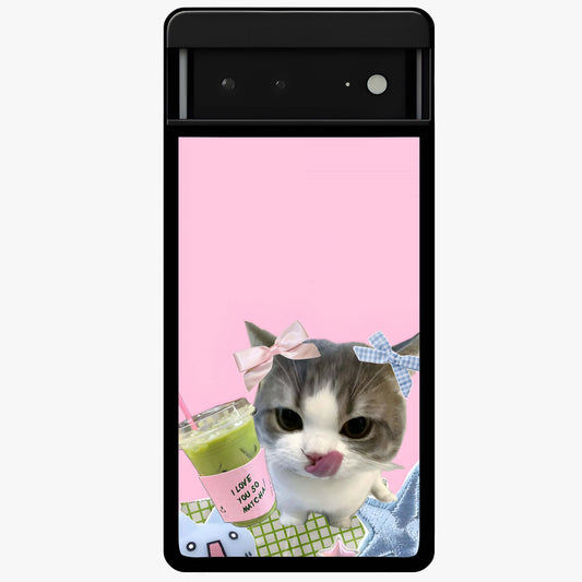 Love Matcha Cat Glass Case showing flat back view with cute cat and matcha themed artwork and glossy glass finish.