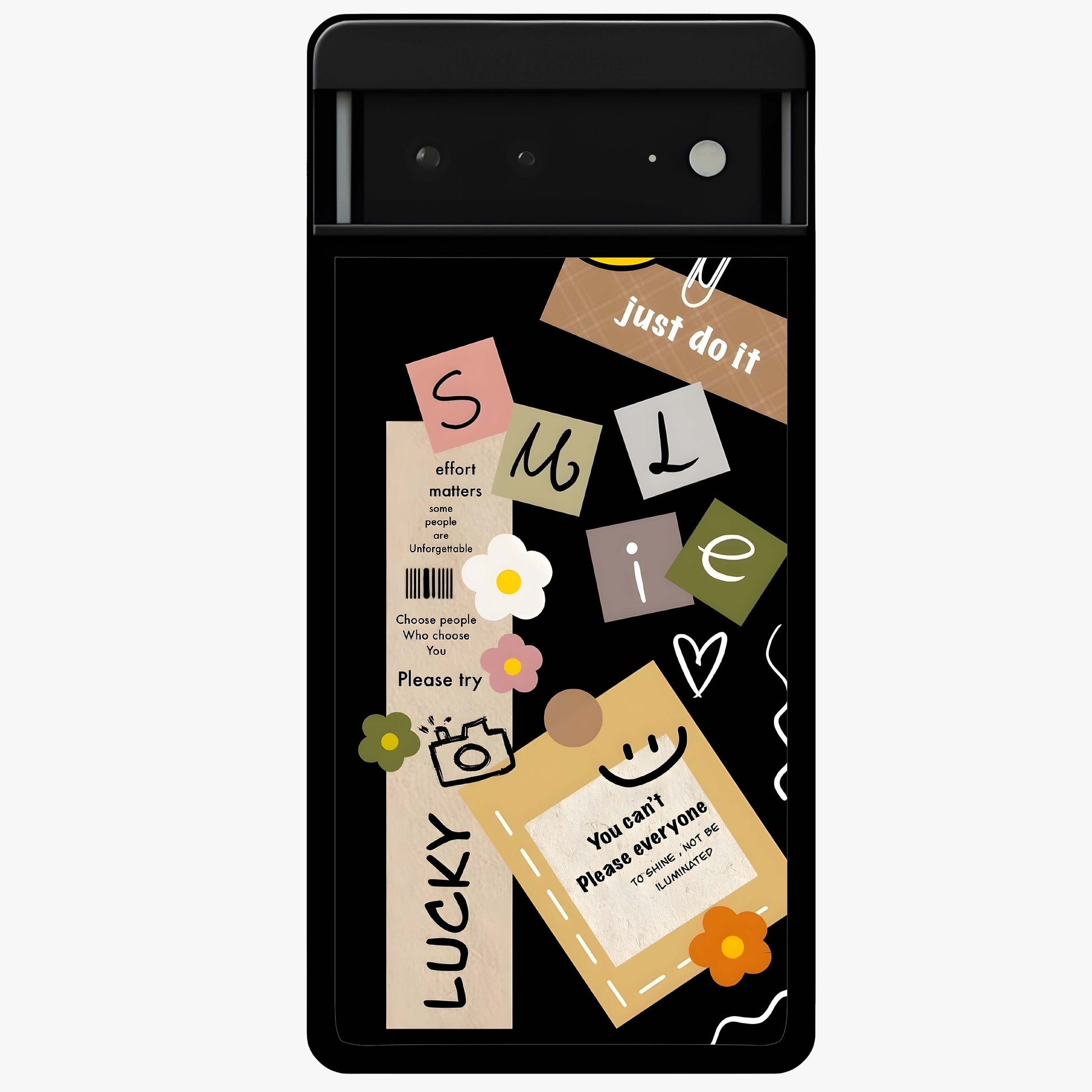 Lucky Aesthetic Collage Glass Case showing flat back view with trendy aesthetic collage artwork and glossy glass finish.
