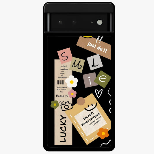 Lucky Aesthetic Collage Glass Case showing flat back view with trendy aesthetic collage artwork and glossy glass finish.