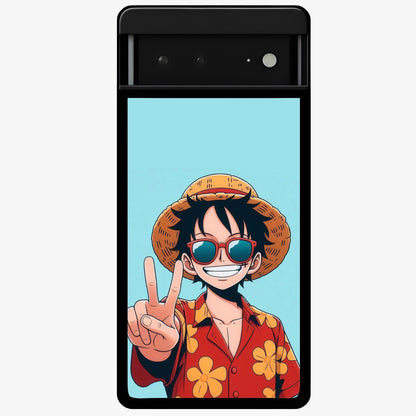 Luffy Summer Anime Vibe Glass Case showing flat back view with vibrant anime character artwork and glossy glass finish.