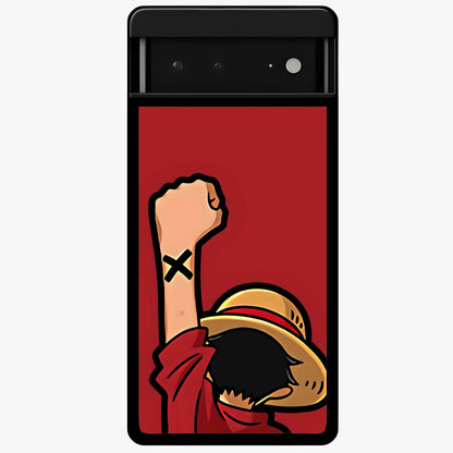 Luffy X Spirit Glass Case showing flat back view with bold anime character artwork and glossy glass finish.