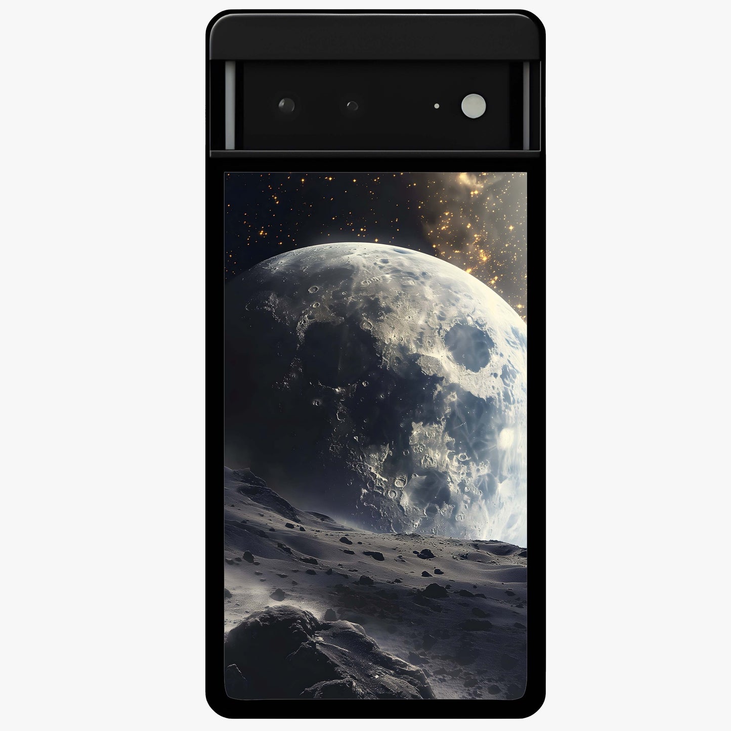 Lunar Horizon Glow Glass Case showing flat back view with glowing moon horizon artwork and glossy glass finish.
