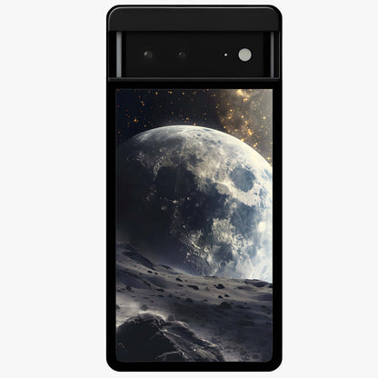 Lunar Horizon Glow Glass Case showing flat back view with glowing moon horizon artwork and glossy glass finish.