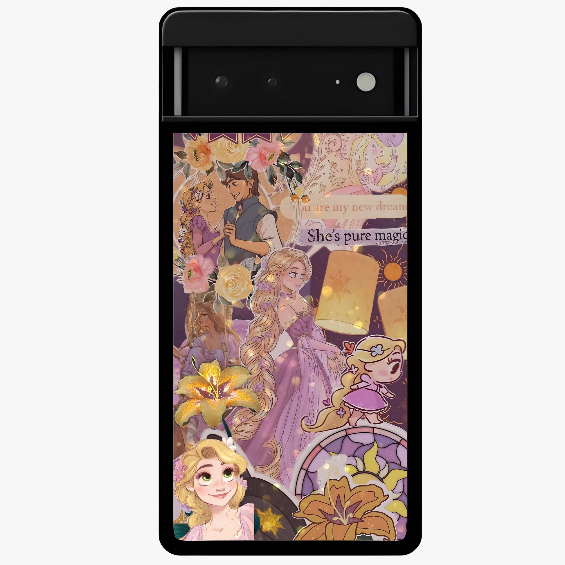 Magical Tangled Dream Glass Case showing flat back view with dreamy tangled artwork and glossy glass finish.