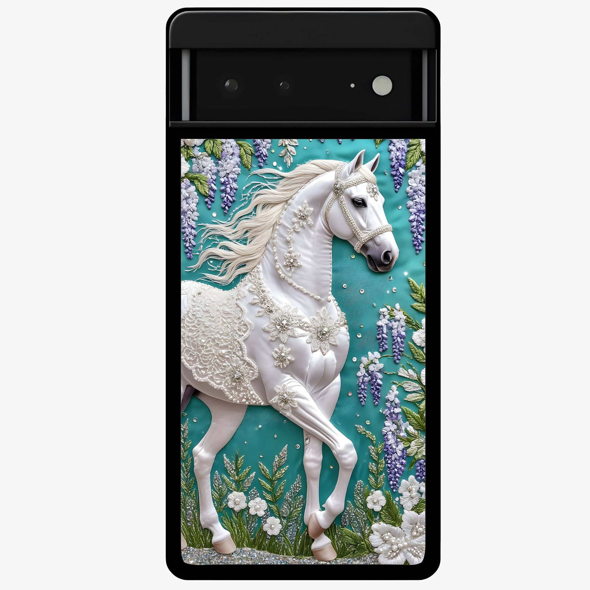 Majestic Floral Stallion Glass Case showing flat back view with powerful horse and floral artwork and glossy glass finish.