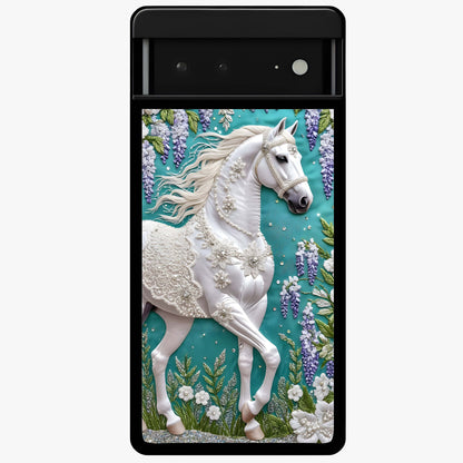 Majestic Floral Stallion Glass Case showing flat back view with powerful horse and floral artwork and glossy glass finish.