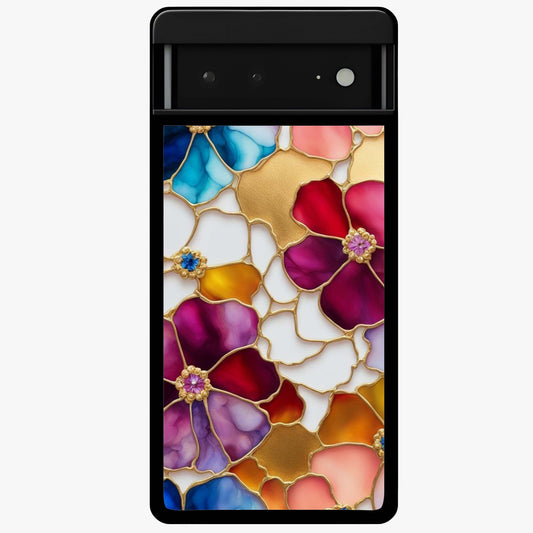 Marble Flower Pattern Glass Case showing flat back view with marble texture floral artwork and glossy glass finish.