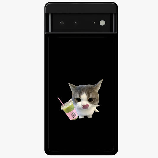 Matcha Cat Style Glass Case showing flat back view with cute matcha themed cat artwork and glossy glass finish.