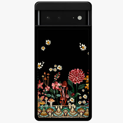 Midnight Bloom Pattern Glass Case showing flat back view with dark floral pattern artwork and glossy glass finish.